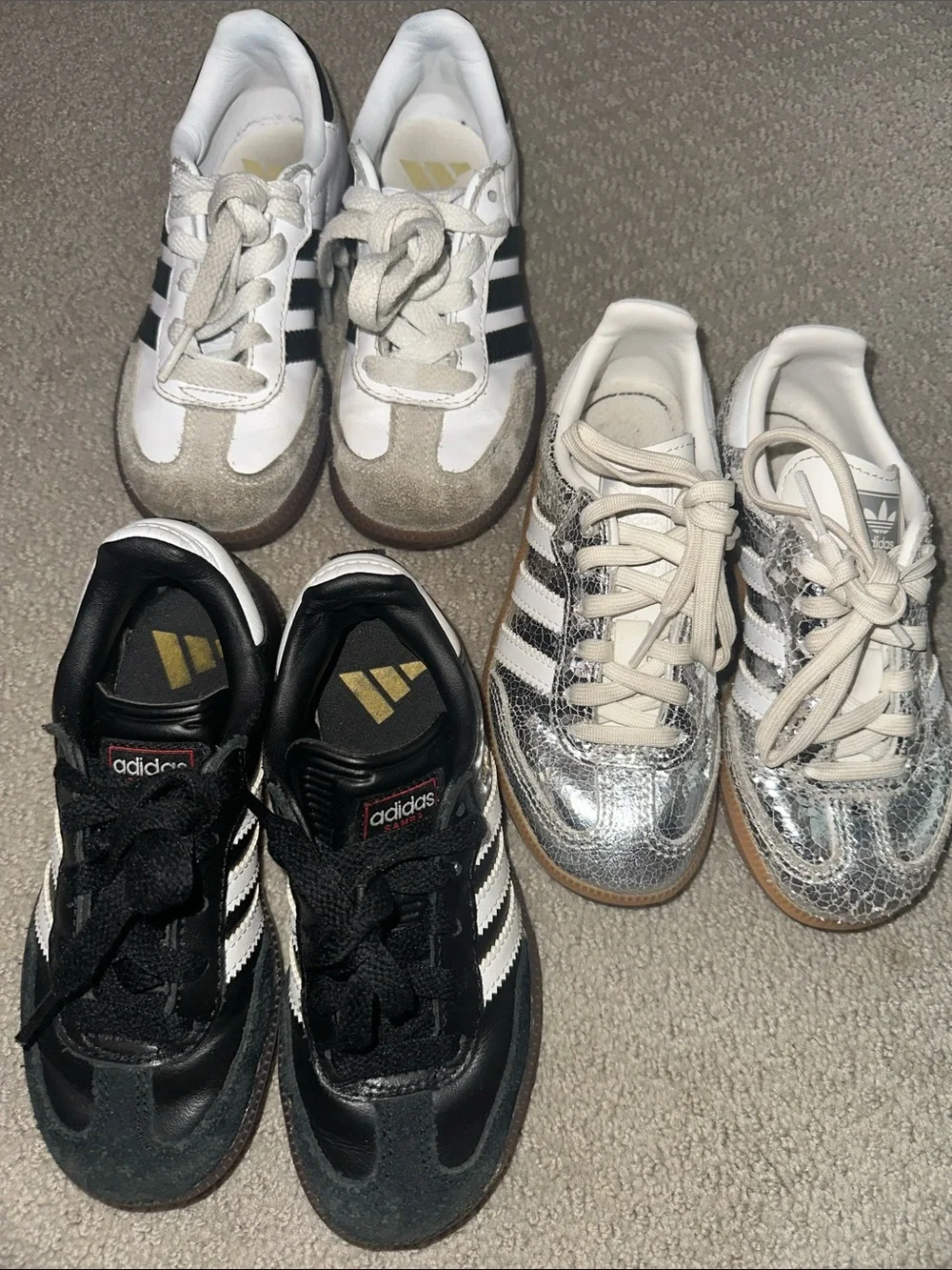 Super cute! (3) adidas Samba toddler Trio - Black, Silver & metallic White - Picture 5 of 9